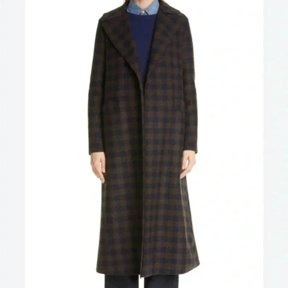 HARRIS WHARF LONDON EUC Gingham Belted Wool Maxi Coat Chocolate Brown Blue 10 44 - Picture 8 of 16